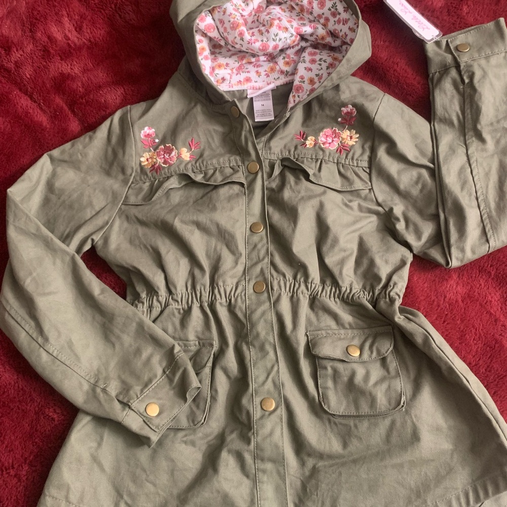 Kids Floral-Embroidered Hooded Anorak Jacket - Olive Green